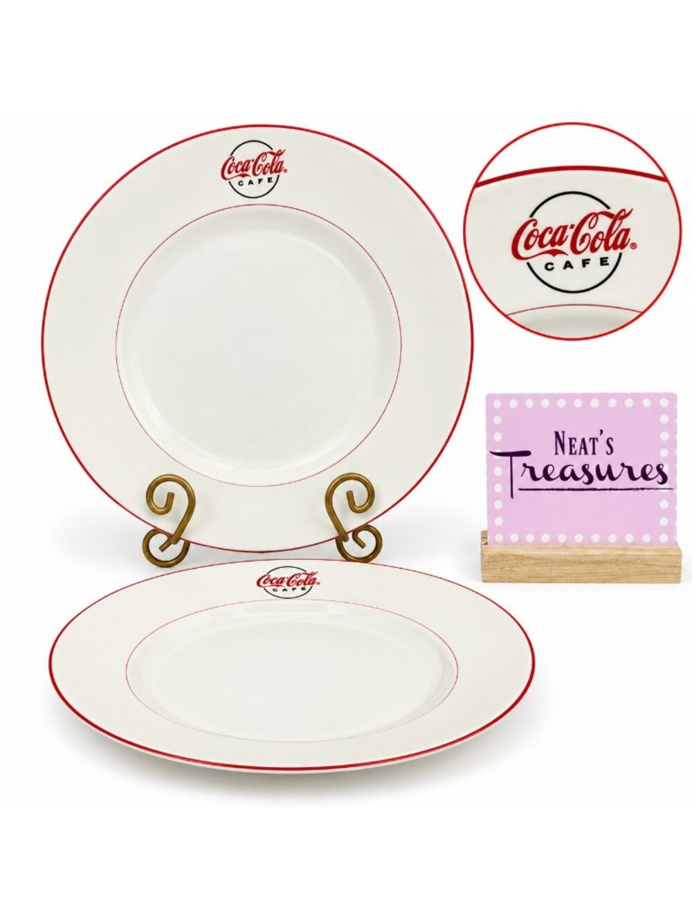 Gibson COCA COLA CAFE DINER Pat Red Trim Logo Rim Verge 11" Dinner Plates Set 2